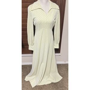 Vintage Maxi Dress 70s Yellow Polka Dot Homemade Prom Dagger Collar Mod Sz S